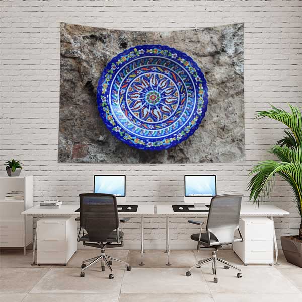 Mavi Çini Tabak Motifli Dairesel Desen Duvar Örtüsü Kumaş Baskı 11799