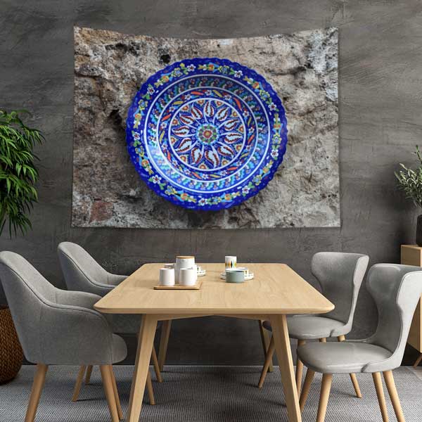 Mavi Çini Tabak Motifli Dairesel Desen Duvar Örtüsü Kumaş Baskı 11799