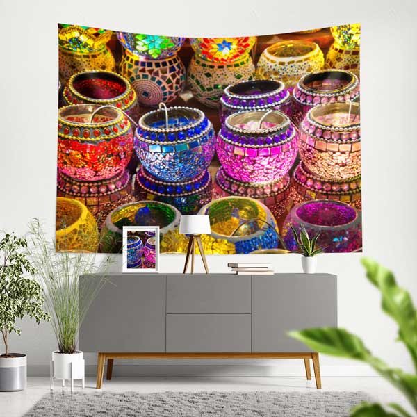 tapestry-wall-art-11800-00 Renkli Mozaik Lamba Desenli Duvar Örtüsü Kumaş Baskı 11800