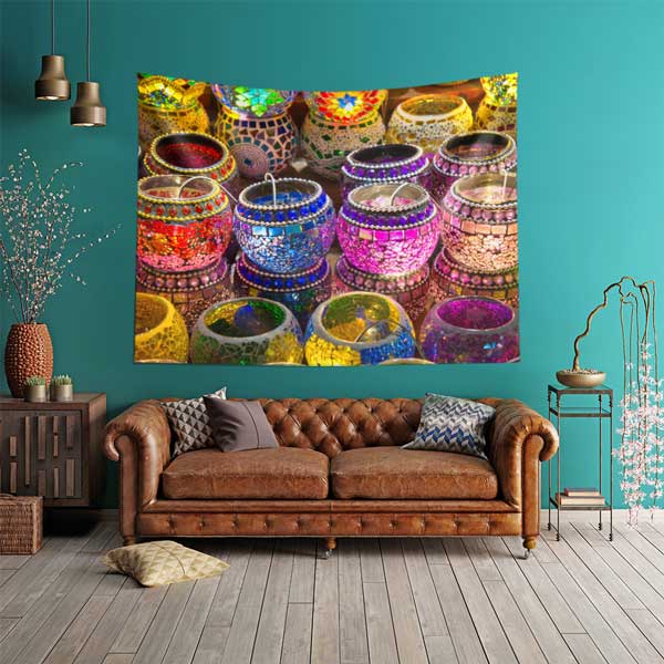 Renkli Mozaik Lamba Desenli Duvar Örtüsü Kumaş Baskı 11800