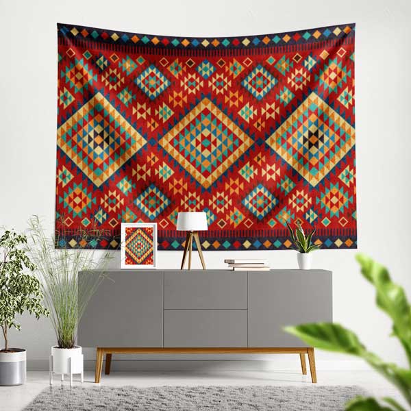 Geometrik Anadolu Kilim Desenli Duvar Örtüsü Kumaş Baskı 11804