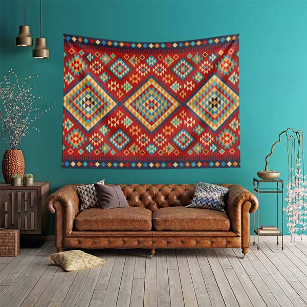 Geometrik Anadolu Kilim Desenli Duvar Örtüsü Kumaş Baskı 11804