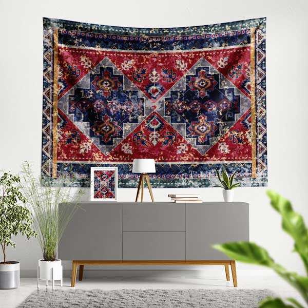 Eskitme Dokulu Anadolu Kilim Motifli Duvar Örtüsü Kumaş Baskı 11806