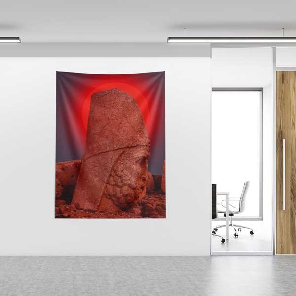 tapestry-wall-art-11808-03 Nemrut Dağı Kızıl Tonlu Anıtsal Taş Baş Duvar Örtüsü Kumaş Baskı 11808