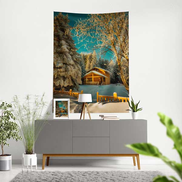 Karlı Orman İçinde Dağ Evi Duvar Örtüsü Kış Manzarası Kumaş Baskı 11820