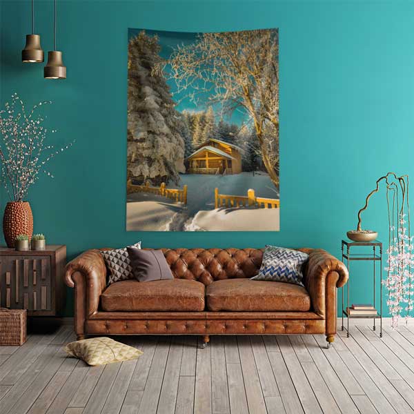 Karlı Orman İçinde Dağ Evi Duvar Örtüsü Kış Manzarası Kumaş Baskı 11820