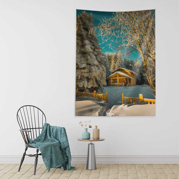 Karlı Orman İçinde Dağ Evi Duvar Örtüsü Kış Manzarası Kumaş Baskı 11820