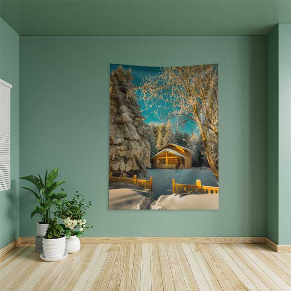 Karlı Orman İçinde Dağ Evi Duvar Örtüsü Kış Manzarası Kumaş Baskı 11820