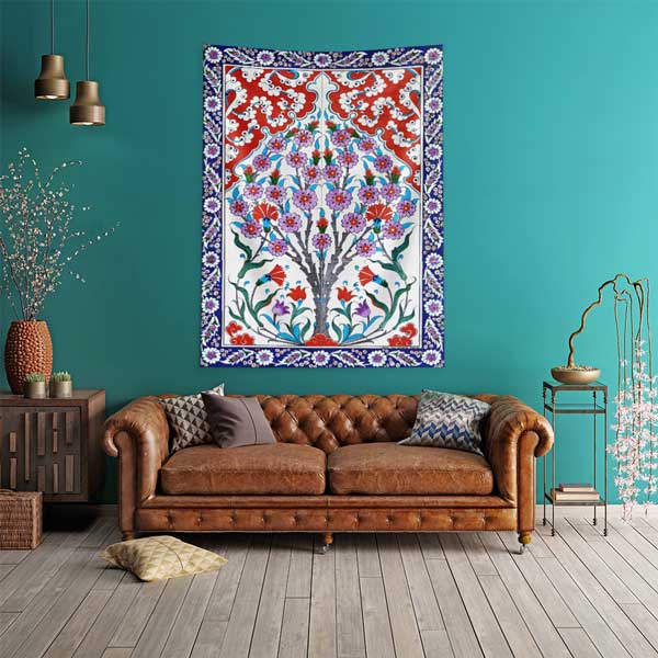 Osmanlı Çini Motifli Çiçekli Hayat Ağacı Desenli Duvar Örtüsü Kumaş Baskı 11823