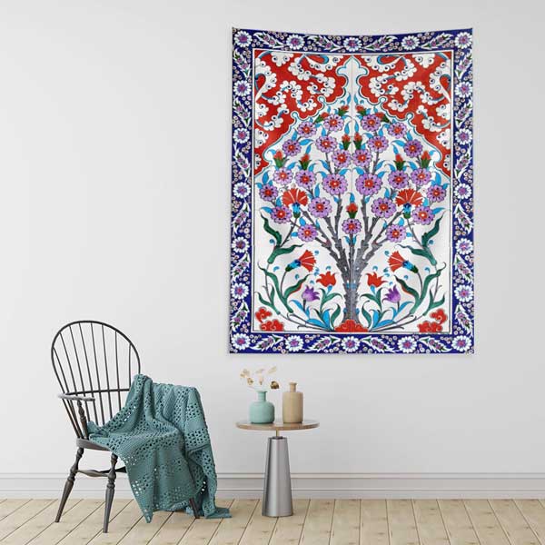 Osmanlı Çini Motifli Çiçekli Hayat Ağacı Desenli Duvar Örtüsü Kumaş Baskı 11823