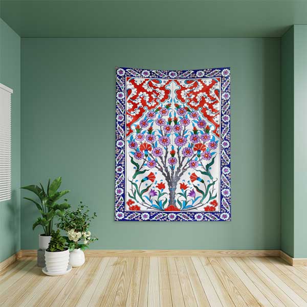 Osmanlı Çini Motifli Çiçekli Hayat Ağacı Desenli Duvar Örtüsü Kumaş Baskı 11823