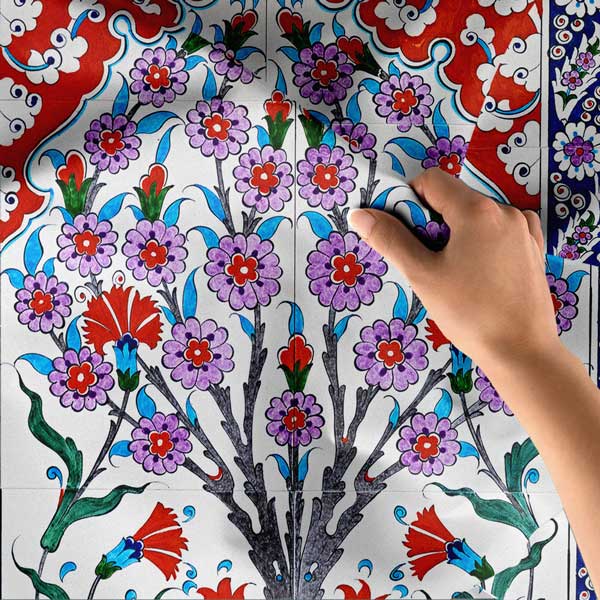 Osmanlı Çini Motifli Çiçekli Hayat Ağacı Desenli Duvar Örtüsü Kumaş Baskı 11823