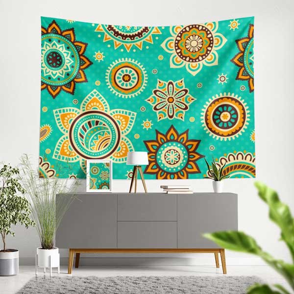 Turkuaz Zeminli Etnik Mandala Duvar Örtüsü 10531