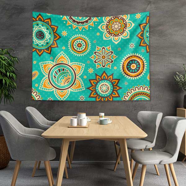 Turkuaz Zeminli Etnik Mandala Duvar Örtüsü 10531