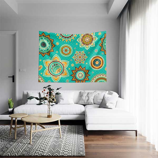 Turkuaz Zeminli Etnik Mandala Duvar Örtüsü 10531