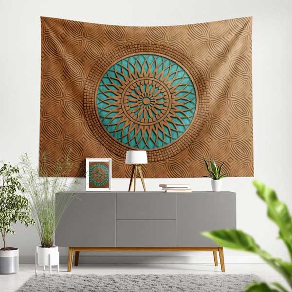 Tahta Görünümlü Turkuaz Mandala Duvar Örtüsü 10532