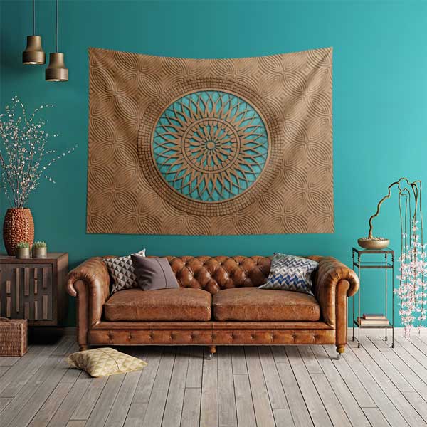 Tahta Görünümlü Turkuaz Mandala Duvar Örtüsü 10532