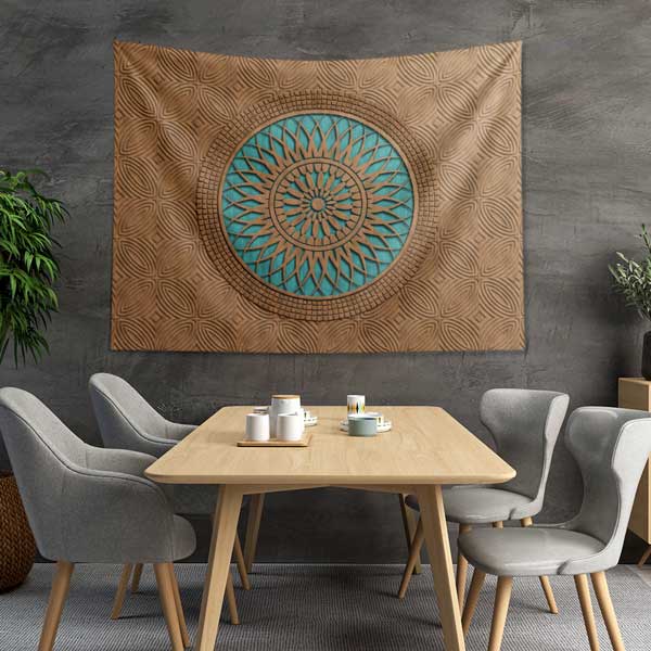 Tahta Görünümlü Turkuaz Mandala Duvar Örtüsü 10532
