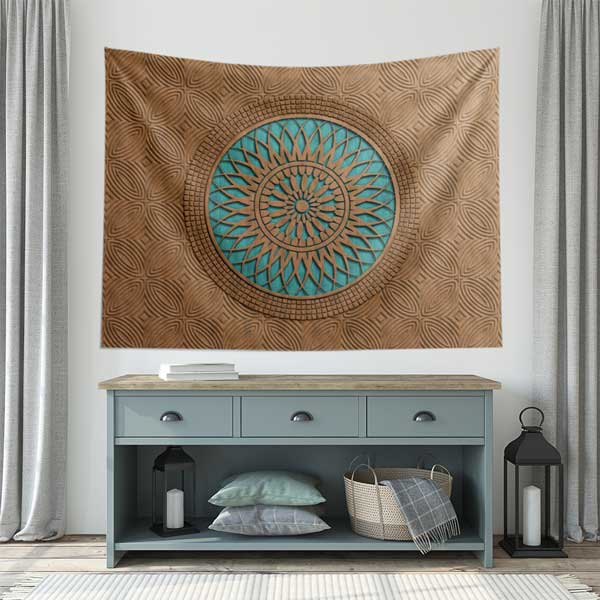 Tahta Görünümlü Turkuaz Mandala Duvar Örtüsü 10532