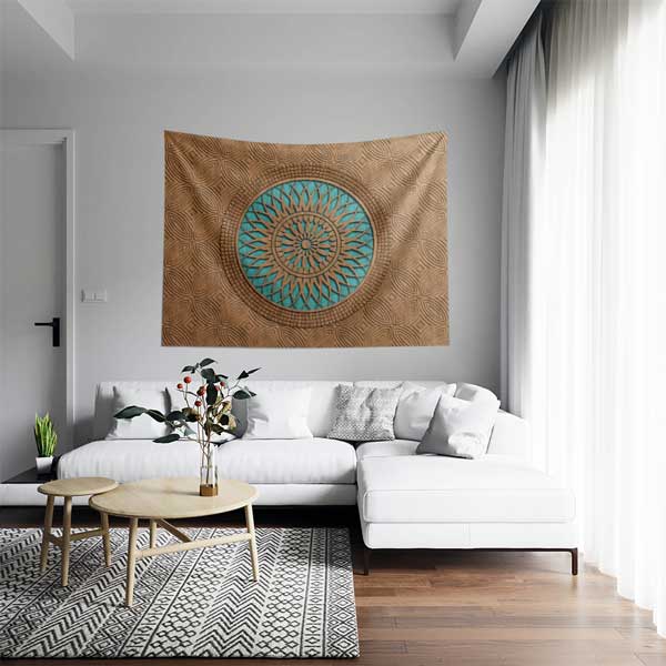 Tahta Görünümlü Turkuaz Mandala Duvar Örtüsü 10532