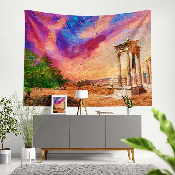 Renkli Gökyüzü ve Antik Tapınak Sanatsal Manzarası Duvar Örtüsü 11683