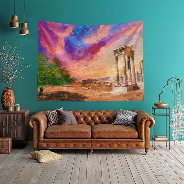 Renkli Gökyüzü ve Antik Tapınak Sanatsal Manzarası Duvar Örtüsü 11683