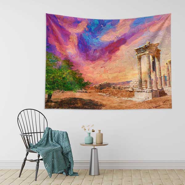 Renkli Gökyüzü ve Antik Tapınak Sanatsal Manzarası Duvar Örtüsü 11683