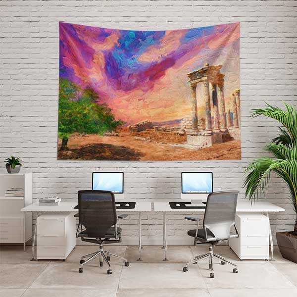 Renkli Gökyüzü ve Antik Tapınak Sanatsal Manzarası Duvar Örtüsü 11683