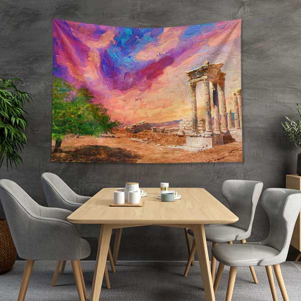 Renkli Gökyüzü ve Antik Tapınak Sanatsal Manzarası Duvar Örtüsü 11683