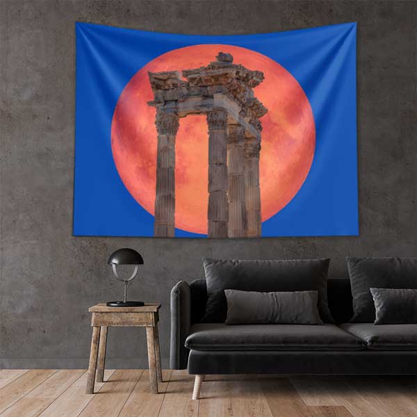 Kırmızı Ay Önünde Antik Tapınak Sütunları Duvar Örtüsü 11684