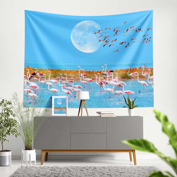 Dolunay Altında Flamingo Sürüsü Doğa Manzarası Duvar Örtüsü 11685