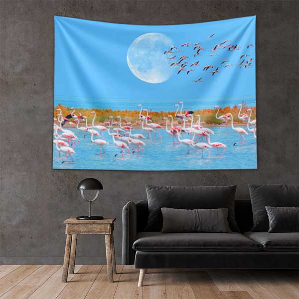Dolunay Altında Flamingo Sürüsü Doğa Manzarası Duvar Örtüsü 11685