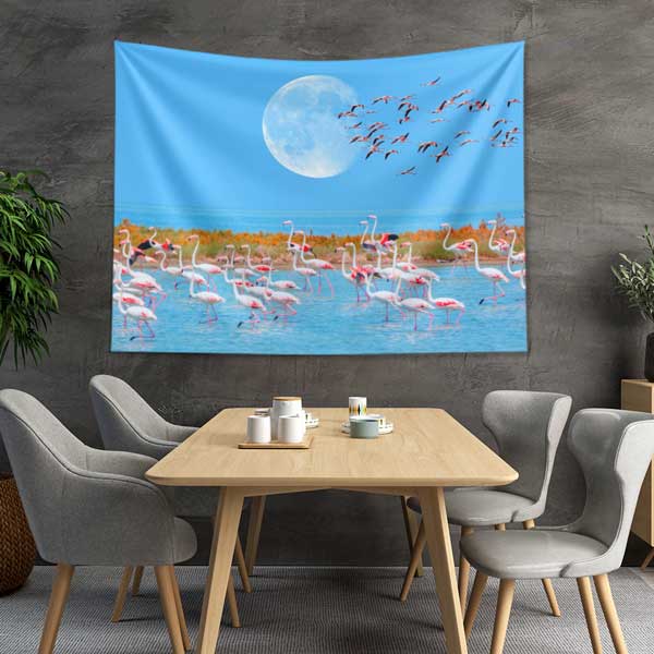 Dolunay Altında Flamingo Sürüsü Doğa Manzarası Duvar Örtüsü 11685