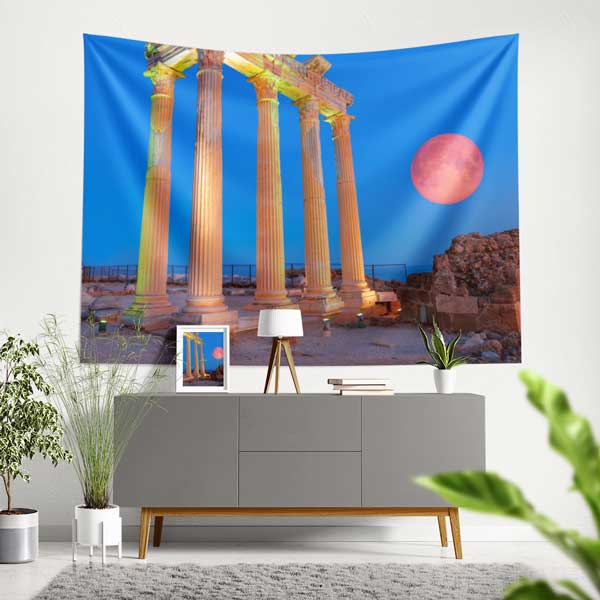 Kırmızı Ay ve Antik Sütunlar Gece Manzarası Duvar Örtüsü 11688