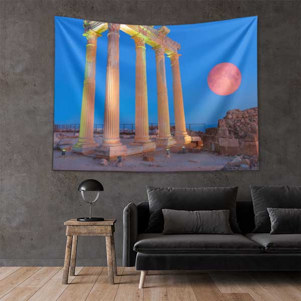 Kırmızı Ay ve Antik Sütunlar Gece Manzarası Duvar Örtüsü 11688