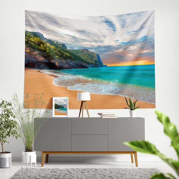 Turkuaz Deniz ve Altın Kumsal Gün Batımı Manzarası Duvar Örtüsü 11694