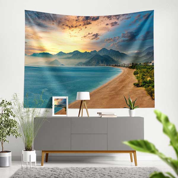 Dağ Silüetli Gün Batımı Sahil Manzarası Duvar Örtüsü 11696
