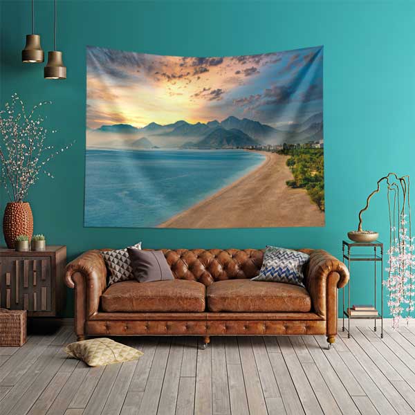 tapestry-wall-decor-11696-01 Dağ Silüetli Gün Batımı Sahil Manzarası Duvar Örtüsü 11696