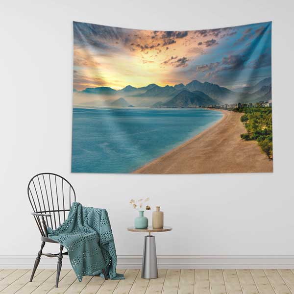 tapestry-wall-decor-11696-02 Dağ Silüetli Gün Batımı Sahil Manzarası Duvar Örtüsü 11696