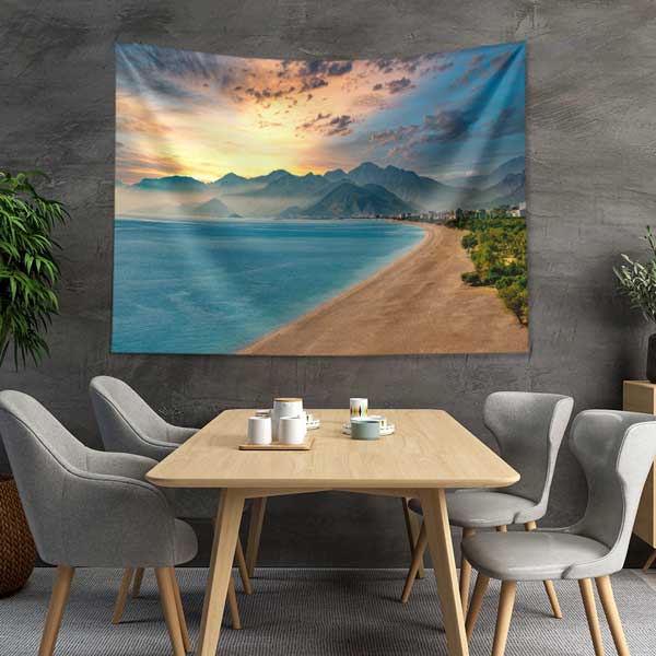 tapestry-wall-decor-11696-03 Dağ Silüetli Gün Batımı Sahil Manzarası Duvar Örtüsü 11696