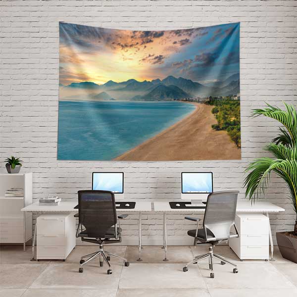 tapestry-wall-decor-11696-04 Dağ Silüetli Gün Batımı Sahil Manzarası Duvar Örtüsü 11696