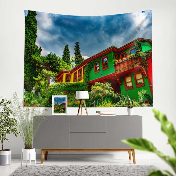 Balat Renkli Tarihi Evler İstanbul Duvar Örtüsü Kumaş Baskı 11732