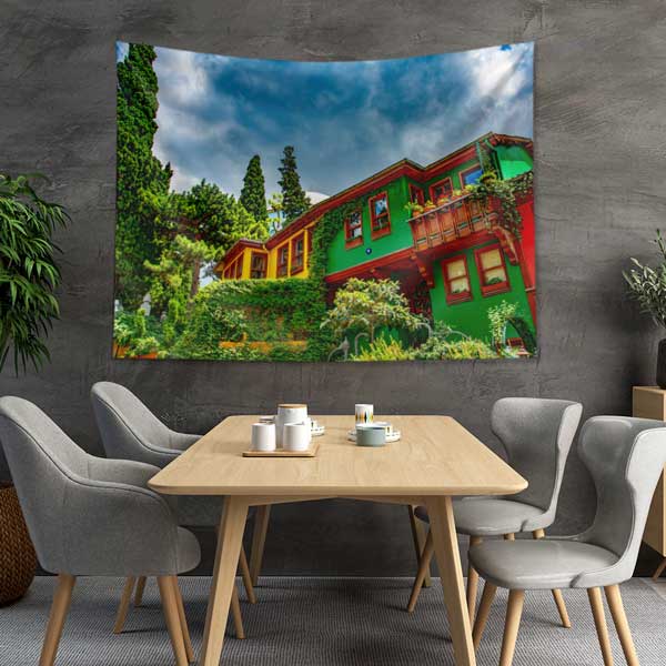 Balat Renkli Tarihi Evler İstanbul Duvar Örtüsü Kumaş Baskı 11732