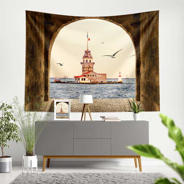 Kız Kulesi Kemer İçinden İstanbul Manzarası Duvar Örtüsü Kumaş Baskı 11734