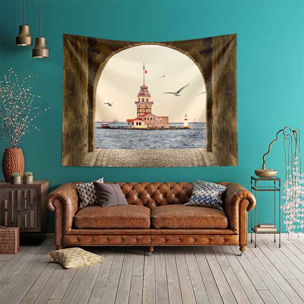 Kız Kulesi Kemer İçinden İstanbul Manzarası Duvar Örtüsü Kumaş Baskı 11734