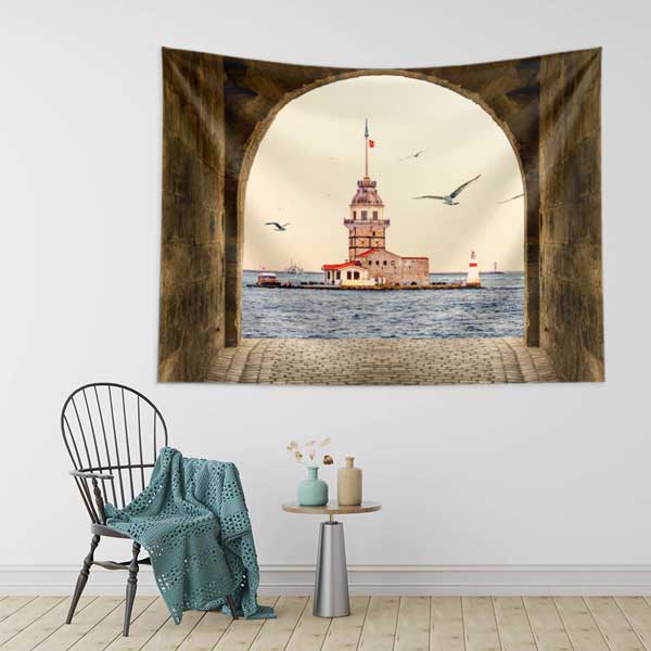 Kız Kulesi Kemer İçinden İstanbul Manzarası Duvar Örtüsü Kumaş Baskı 11734