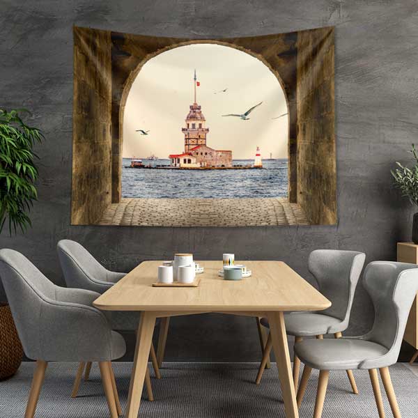 Kız Kulesi Kemer İçinden İstanbul Manzarası Duvar Örtüsü Kumaş Baskı 11734