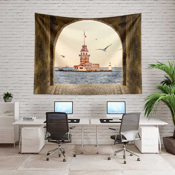 Kız Kulesi Kemer İçinden İstanbul Manzarası Duvar Örtüsü Kumaş Baskı 11734