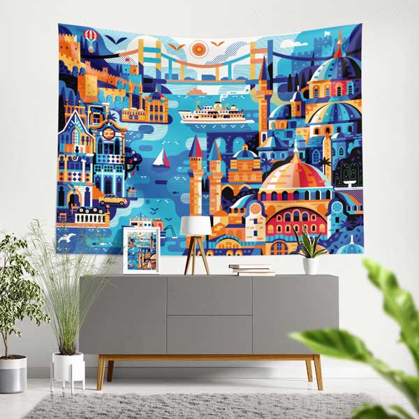 Renkli İstanbul İllüstrasyonu ve Şehir Silüeti Duvar Örtüsü Kumaş Baskı 11735