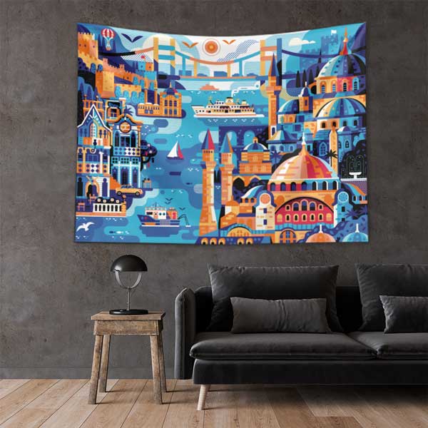 Renkli İstanbul İllüstrasyonu ve Şehir Silüeti Duvar Örtüsü Kumaş Baskı 11735
